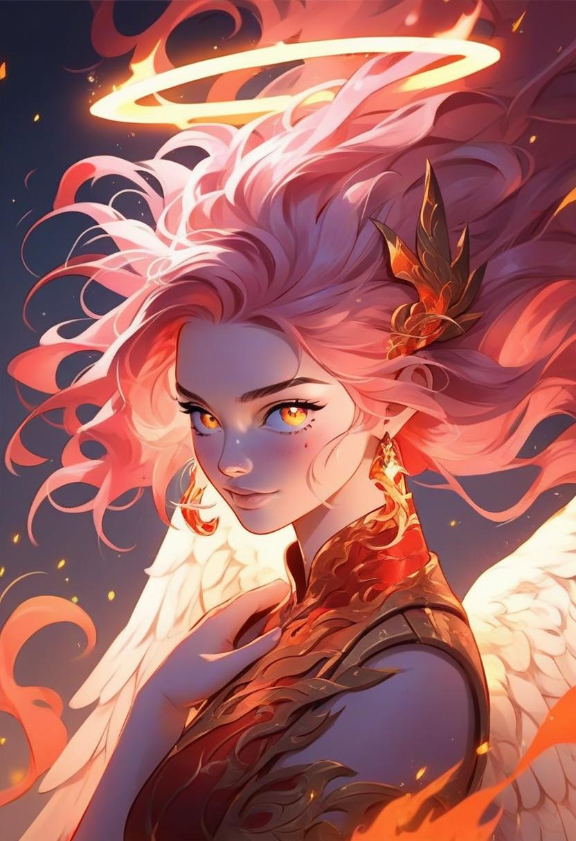 A woman with pink hair and angel wings in a red dress - SeaArt AI