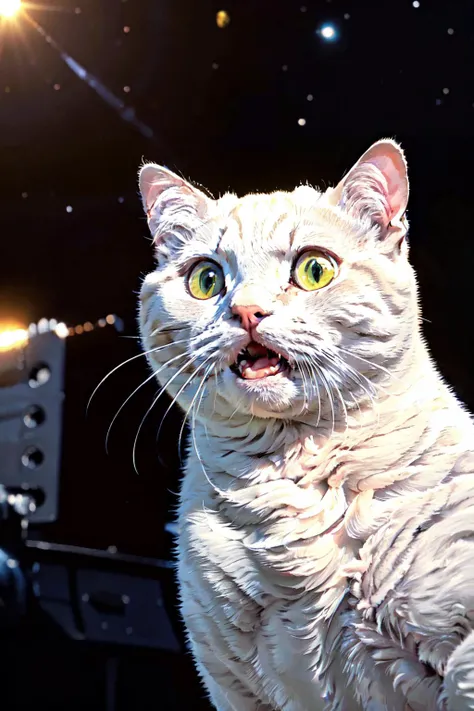 (best quality, masterpiece, RAW photo,ultra-detailed:1.2),  <lyco:GoodHands-beta2:1.0>1cat, white cat, open mouth,
spacecat, <lyco:spacecat:0.9>cosmic background, outer space,floating,