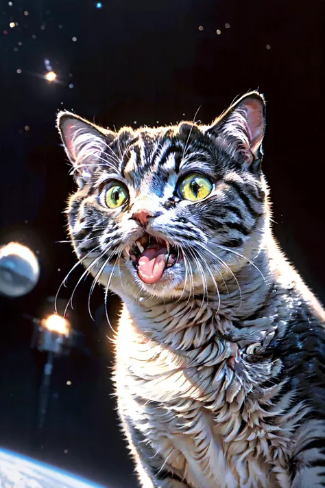 (best quality, masterpiece, RAW photo,ultra-detailed:1.2), <lyco:GoodHands-beta2:1.0>1cat, black cat, open mouth, sticking out tongue,squint,
spacecat, <lyco:spacecat:0.9>cosmic background, outer space,floating,