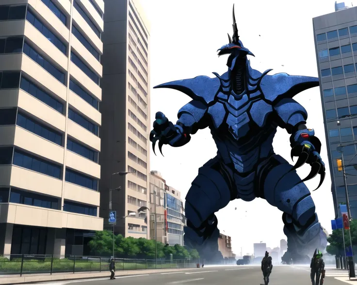 gridman, masterpiece, best quality, robot, mecha, no humans, science fiction, building, city, kaijuu, weapon, retro artstyle, claws, kaiju battle <lora:gridman_offset:1>
