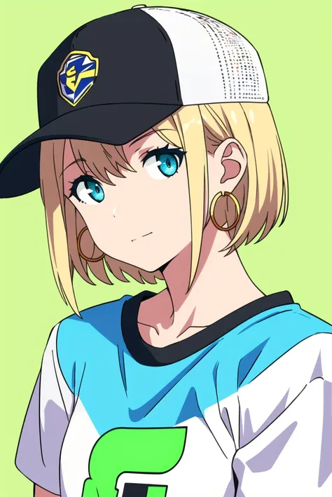 gridman, masterpiece, best quality, 1girl, aqua eyes, baseball cap, blonde hair, closed mouth, earrings, green background, hat, hoop earrings, jewelry, looking at viewer, shirt, short hair, simple background, solo, upper body, yellow shirt <lora:gridman_offset:1>