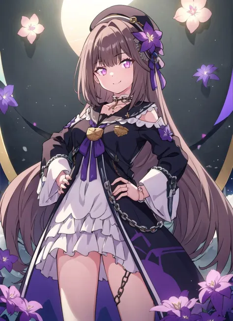 1girl, looking at viewer, smile, smug face,
hands on hips,
pikkyherta, 1girl, long hair, purple (glowing:1.2) eyes, solo, hat, dress, bangs, looking at viewer, flower, (doll joints:1.1), brown hair, hair ornament, black headwear, hair flower, chains, frills,
<lora:hertaStarRailV1:1>
<lora:gridman_offset:1:OUT8>