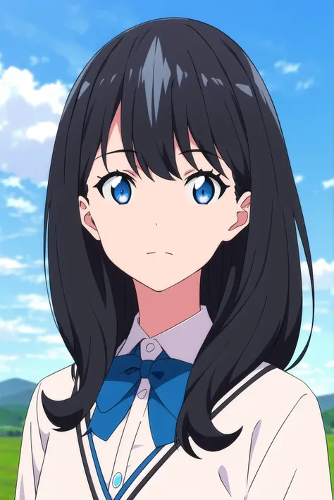 gridman, masterpiece, best quality, 1girl, black hair, long hair, blue eyes, upper body, solo, sky, looking at viewer, day, cloud, outdoors, cardigan, blue sky, bangs, shirt, bow, closed mouth, school uniform, collared shirt, portrait, white shirt, <lora:gridman_offset:1>