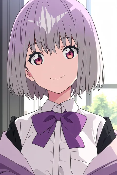 gridman, masterpiece, best quality, 1girl, solo, smile, bow, short hair, shirt, light purple hair, looking at viewer, off shoulder, white shirt, collared shirt, purple bow, red eyes, upper body, jacket, bangs, parody, closed mouth <lora:gridman_offset:1.2>