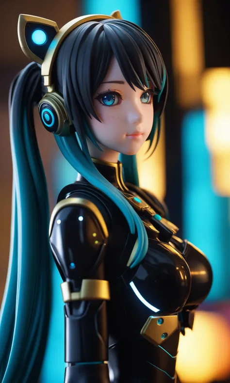 Realistic,Masterpiece,18 - year - old,solo,cgmech,beautiful eyes,robot,armor,Hatsune Miku,neon light,8K,RAW,best quality,masterpiece,ultra high res,colorful,(medium wide shot),(dynamic perspective),sharp focus,(depth of field, bokeh:1.3),extremely detailed eyes and face,beautiful detailed eyes,(black gold, trimmed gear:1.2),(In a futuristic weapons factory:1.2),((masterpiece, best quality)),Detailed background,spaceship interior,(figurine),