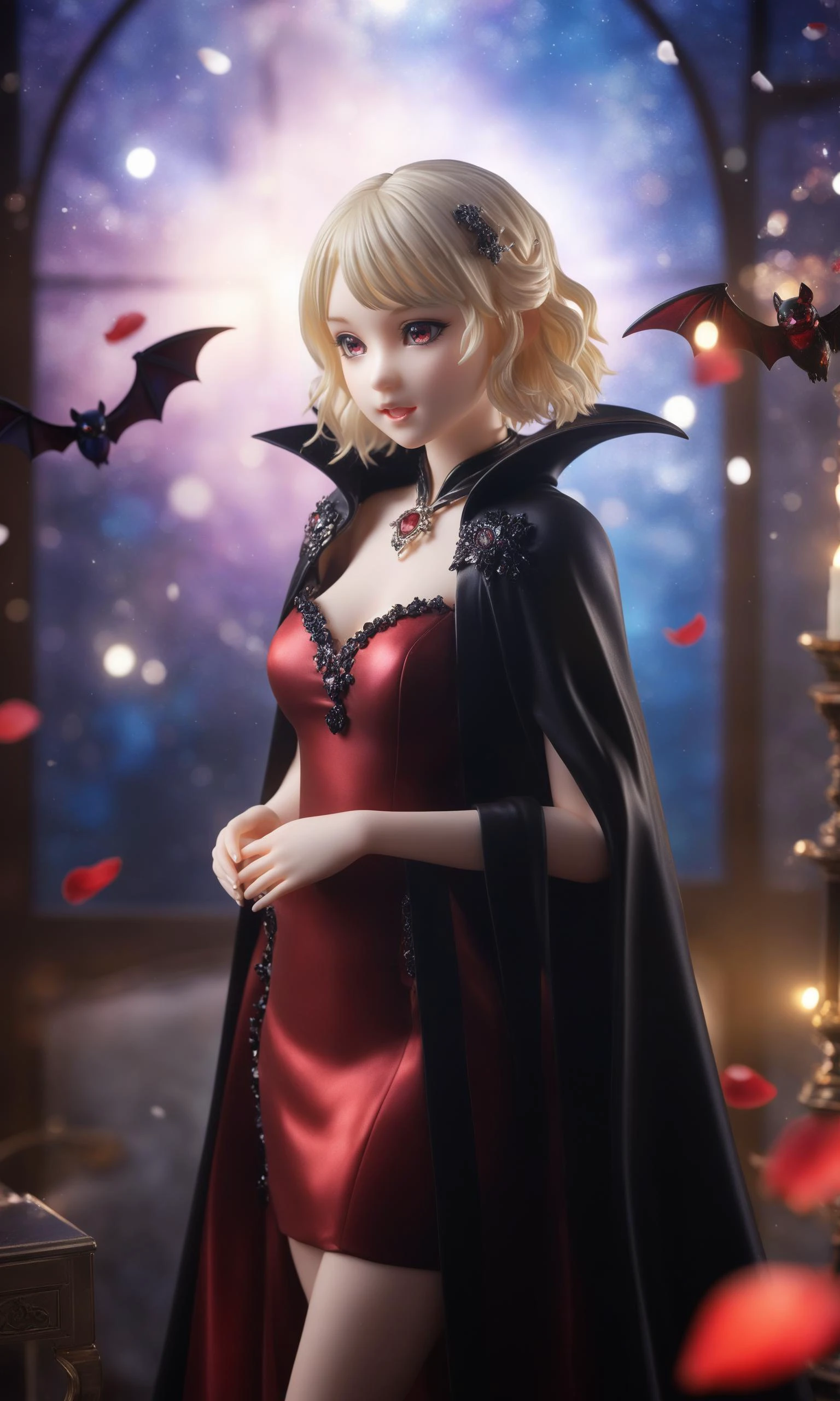 masterpiece,best quality,Anime,finest image,detailed and delicate depiction,deformed,cute vampire,cute shining fangs,messy blonde medium hair,red dress and black cloak,wings,iridescent light glass crystal metal-plated fantasy room,background that emits fantastic light,light particles,light sparkles,iridescent light particles,many falling petals,professional lighting,