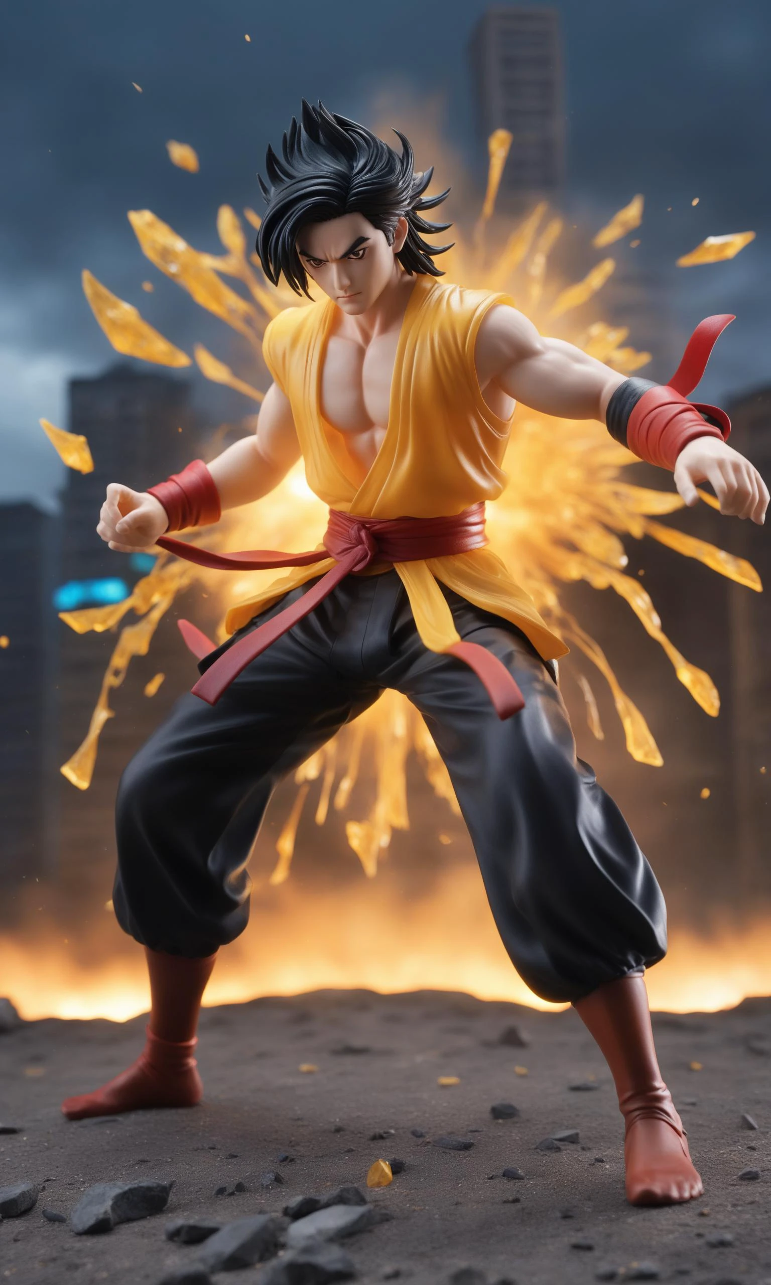 (masterpiece),(highest quality),figma,model,high,ultra,(extremely detailed),
painterly style, Yamcha fighting at war, raging, black long hair, character design, body is adorned with glowing golden runes, intense red and yellow aura around him, body dynamic epic action pose, intricate, highly detailed, epic and dynamic composition, dynamic angle, intricate details, multicolor explosion, blur effect, sharp focus, uhd, hdr, colorful shot, stormy weather, tons of flying debris around him, dark city background,
