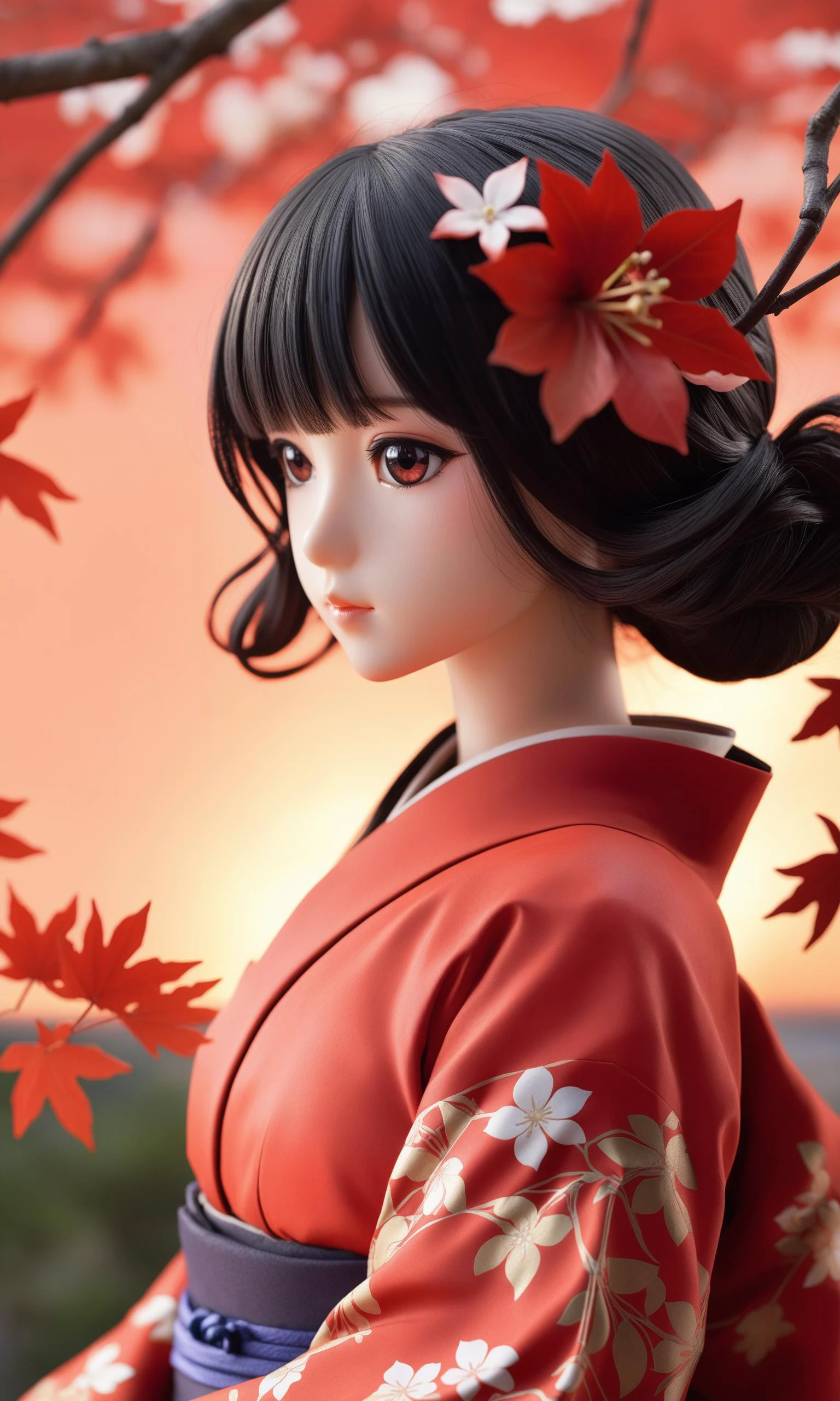 Ukiyo-e_style,flat_style,simple_colors,masterpiece,katsushika_hokusai,long_hair,hair_flower,black_hair,red_eyes,red_sky,chinoiserie,best_quality,kimono,ultra-detailed,illustration,Maple_leaves_flying,1girl,solo,an_extremely_delicate_and_beautiful,blank_stare,close_to_viewer,breeze,Flying_splashes,Flying_petals,wind,Gorgeous and rich graphics,3D graphics,Anime,