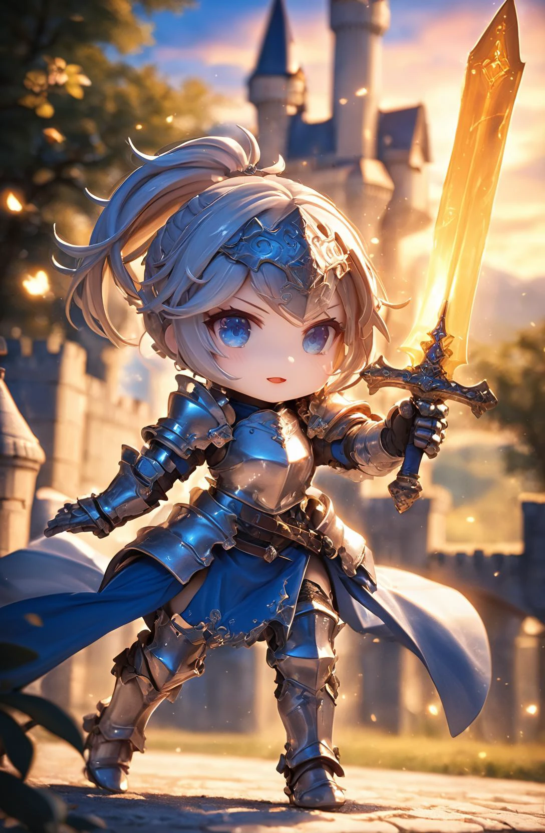 amazing quality, masterpiece, best quality, hyper detailed, ultra detailed, UHD, HDR, DOF, depth of field,
female knight, ornate armor, holding sword, glowing sword, castle, gorgeous sky, shiny dust,
<lora:XL_Chibi_Knights_-_by_HailoKnight:0.8>, Chibi Knight,
<lora:d\EnvyActionShotXL01:0.8>, action shot,
<lora:add-detail-xl:1.0>,
<lora:EnvyBetterHiresFixXL01:1.0>,
<lora:extremely_detailed:1.0>, extremely detailed,