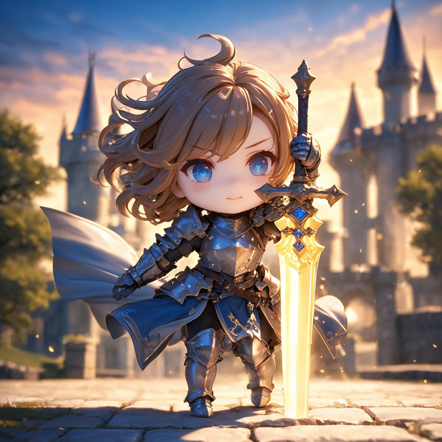 amazing quality, masterpiece, best quality, hyper detailed, ultra detailed, UHD, HDR, DOF, depth of field,
female knight, detail eyes, shiny eyes, ornate armor, holding sword, glowing sword, castle, gorgeous sky, shiny dust, wind blows,
<lora:XL_Chibi_Knights_-_by_HailoKnight:0.8>, Chibi Knight,
<lora:d\EnvyActionShotXL01:0.8>, action shot,
<lora:add-detail-xl:1.0>,
<lora:EnvyBetterHiresFixXL01:1.0>,
<lora:extremely_detailed:1.0>, extremely detailed,