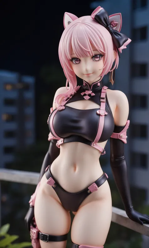 (masterpiece),(highest quality),Anime,(extremely detailed),figurine,extremely detailed eyes,intricate details,
outdoors,looking at viewer,light smile,
1girl,solo,nacht,hair bow,hair ornament,hairclip,pink eyes,pink hair,
ssrsuit,underboob cutout,navel,bare shoulders,crop top,thigh boots,elbow gloves,joints,