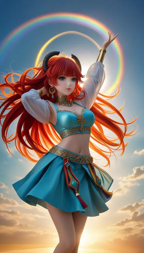 1girl, solo, back light, rainbow, aqua eyes, fake horns, red hair, long hair, crop top, jewelry, horns, veil, bracer, brooch, puffy long sleeves, skirt, bangs, low twintails, puffy sleeves, neck ring, gold trim, parted bangs, arm up, blue skirt, hair ornament, detached sleeves, floating hair, gem, hair flower, blue gemstone