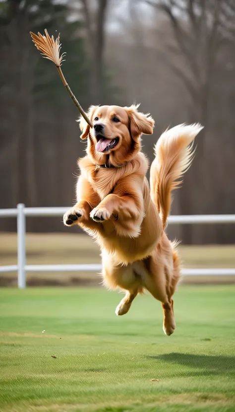 Golden retriever jumping to catch a stick