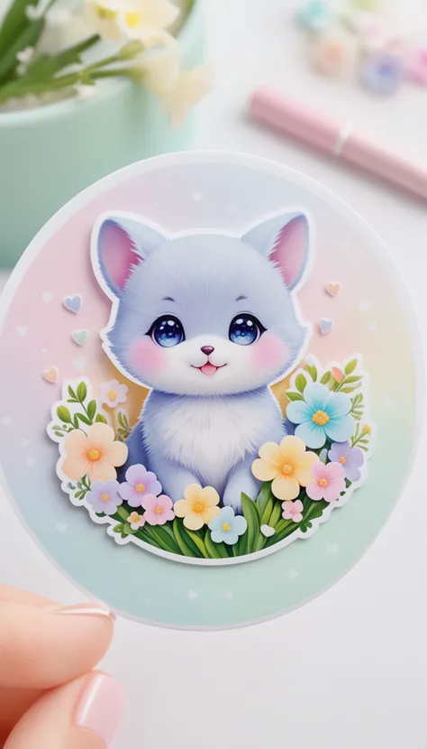 Sticker of a cute, round little animal with big, sparkling eyes and a gentle smile on its face. It has soft, pastel-colored fur. The small critter is surrounded by dainty, heart-shaped flowers in complementary pastel shades, adding to the sticker's overall charm.The white background provides the perfect canvas for this adorable creature, allowing its pastel features to pop and catch the eye. The sticker design exudes a warm and playful energy, making it an endearing addition to any item it adorns.