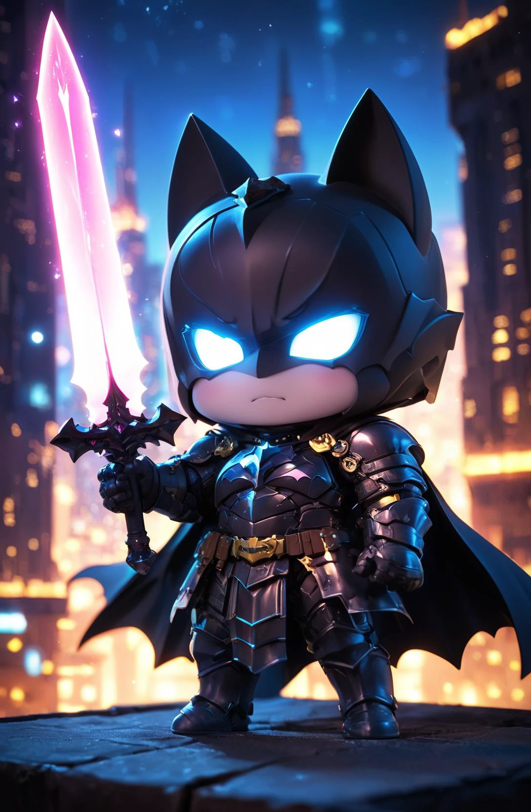 amazing quality, masterpiece, best quality, hyper detailed, ultra detailed, UHD, HDR, DOF, depth of field, wide-angle lens, detail eyes,
(batman:1.3), solo, full body, holding sword, glowing sword, wearing ornate black armor, shine armor, dazzling, (outstretched arm, outstretched hand | hand up), cute, kawaii, (angry | smile),
(roof | city skyline), dynamic and vivid colors, fascinating, gorgeous sky, (late at night | milky way), shiny dust, wind blows, futuristic,
<lora:XL_Chibi_Knights_-_by_HailoKnight:0.8>, Chibi Knight,
<lora:add-detail-xl:0.75>,
<lora:EnvyBetterHiresFixXL01:1.0>,
<lora:extremely_detailed:1.0>, extremely detailed,
<lora:glowneon_xl_v1:0.75> glowneon, glowing,
white glowing outlines:1.3),(white neon outlines:1.3), Neon Sapphire outlines,