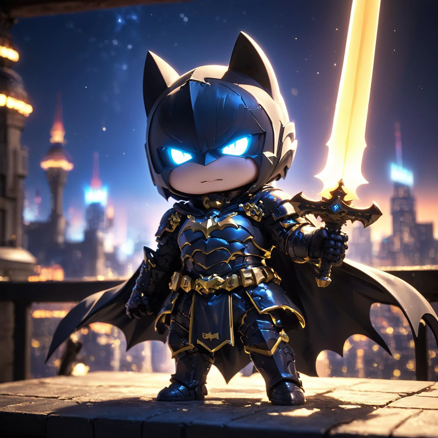 amazing quality, masterpiece, best quality, hyper detailed, ultra detailed, UHD, HDR, DOF, depth of field, wide-angle lens, detail eyes,
(batman:1.3), solo, full body, holding sword, glowing sword, wearing ornate black armor, shine armor, dazzling, (outstretched arm, outstretched hand | hand up), cute, kawaii, (angry | smile),
(roof | city skyline), dynamic and vivid colors, fascinating, gorgeous sky, (late at night | milky way), shiny dust, wind blows, futuristic,
<lora:XL_Chibi_Knights_-_by_HailoKnight:0.8>, Chibi Knight,
<lora:add-detail-xl:0.75>,
<lora:EnvyBetterHiresFixXL01:1.0>,
<lora:extremely_detailed:1.0>, extremely detailed,
<lora:glowneon_xl_v1:0.75> glowneon, glowing,
white glowing outlines:1.3),(white neon outlines:1.3), Neon Sapphire outlines,