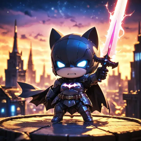 amazing quality, masterpiece, best quality, hyper detailed, ultra detailed, UHD, HDR, DOF, depth of field, wide-angle lens, detail eyes,
(batman:1.3), solo, full body, holding sword, glowing sword, wearing ornate black armor, shine armor, dazzling, (outstretched arm, outstretched hand | hand up), cute, kawaii, (angry | smile),
(roof | city skyline), dynamic and vivid colors, fascinating, gorgeous sky, (late at night | milky way), shiny dust, wind blows, futuristic,
<lora:XL_Chibi_Knights_-_by_HailoKnight:0.8>, Chibi Knight,
<lora:add-detail-xl:0.75>,
<lora:EnvyBetterHiresFixXL01:1.0>,
<lora:extremely_detailed:1.0>, extremely detailed,
<lora:glowneon_xl_v1:0.75> glowneon, glowing,
white glowing outlines:1.3),(white neon outlines:1.3), Neon Sapphire outlines,