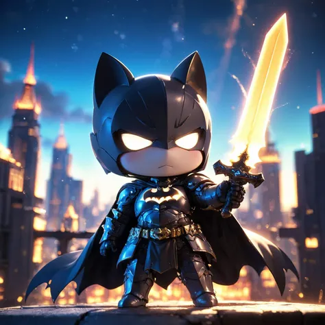 amazing quality, masterpiece, best quality, hyper detailed, ultra detailed, UHD, HDR, DOF, depth of field, wide-angle lens, detail eyes,
(batman:1.3), solo, full body, holding sword, glowing sword, wearing ornate black armor, shine armor, dazzling, (outstretched arm, outstretched hand | hand up), cute, kawaii, (angry | smile),
(roof | city skyline), dynamic and vivid colors, fascinating, gorgeous sky, (late at night | milky way), shiny dust, wind blows, futuristic,
<lora:XL_Chibi_Knights_-_by_HailoKnight:0.8>, Chibi Knight,
<lora:add-detail-xl:0.75>,
<lora:EnvyBetterHiresFixXL01:1.0>,
<lora:extremely_detailed:1.0>, extremely detailed,
<lora:glowneon_xl_v1:0.75> glowneon, glowing,
white glowing outlines:1.3),(white neon outlines:1.3), Neon Sapphire outlines,