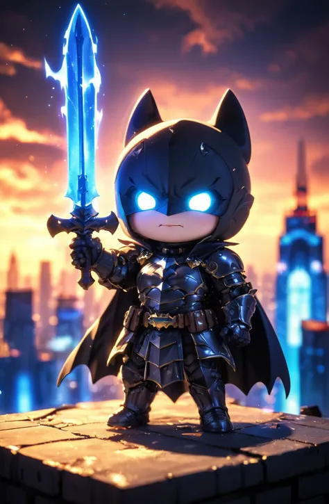 amazing quality, masterpiece, best quality, hyper detailed, ultra detailed, UHD, HDR, DOF, depth of field, wide-angle lens, detail eyes,
(batman:1.3), solo, full body, holding sword, glowing sword, wearing ornate black armor, shine armor, dazzling, (outstretched arm, outstretched hand | hand up), cute, kawaii, (angry | smile),
(roof | city skyline), dynamic and vivid colors, fascinating, gorgeous sky, (late at night | milky way), shiny dust, wind blows, futuristic,
<lora:XL_Chibi_Knights_-_by_HailoKnight:0.8>, Chibi Knight,
<lora:add-detail-xl:0.75>,
<lora:EnvyBetterHiresFixXL01:1.0>,
<lora:extremely_detailed:1.0>, extremely detailed,
<lora:glowneon_xl_v1:0.75> glowneon, glowing,
white glowing outlines:1.3),(white neon outlines:1.3), Neon Sapphire outlines,