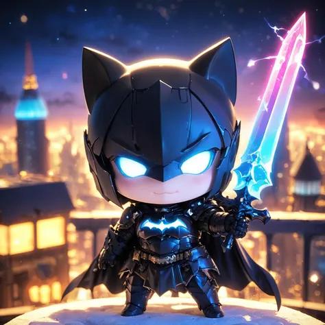 amazing quality, masterpiece, best quality, hyper detailed, ultra detailed, UHD, HDR, DOF, depth of field, wide-angle lens, detail eyes,
(batman:1.3), solo, full body, holding sword, glowing sword, wearing ornate black armor, shine armor, dazzling, (outstretched arm, outstretched hand | hand up), cute, kawaii, (angry | smile),
(roof | city skyline), dynamic and vivid colors, fascinating, gorgeous sky, (late at night | milky way), shiny dust, wind blows, futuristic,
<lora:XL_Chibi_Knights_-_by_HailoKnight:0.8>, Chibi Knight,
<lora:add-detail-xl:0.75>,
<lora:EnvyBetterHiresFixXL01:1.0>,
<lora:extremely_detailed:1.0>, extremely detailed,
<lora:glowneon_xl_v1:0.75> glowneon, glowing,
white glowing outlines:1.3),(white neon outlines:1.3), Neon Sapphire outlines,