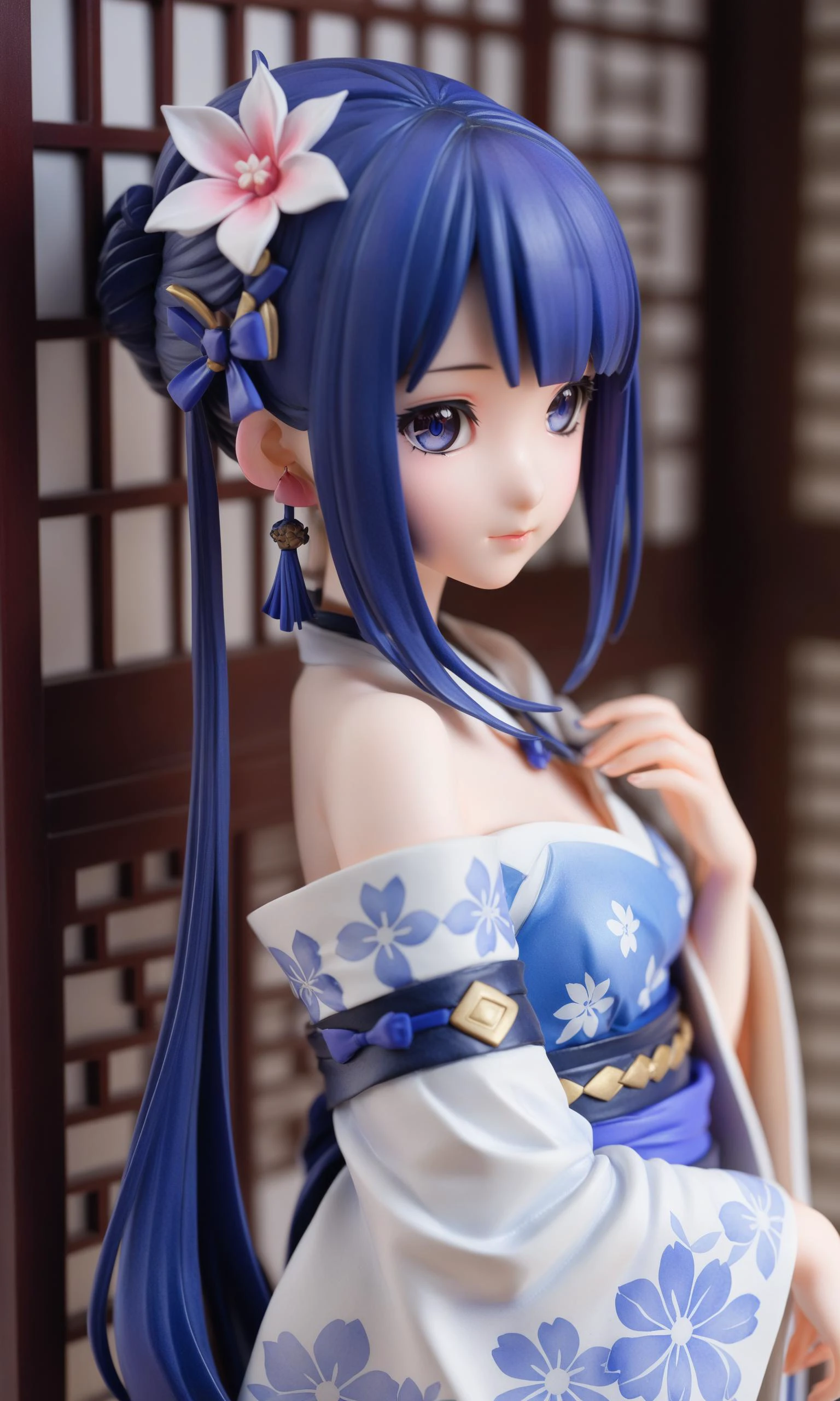 3D graphics,Anime,figurine,(watercolor_medium),((ukiyoe style)),((((masterpiece)))),(((best quality))),(illustration),(1girl:1.5),(solo:1.5),((an extremely delicate and beautiful)),(()),cute,((hime_cut)),side blunt bangs,(ultramarine hair:1.2),hairs between eyes,ribbons,Bracelet,bare shoulders,((japanese_clothes)),sakura,((slit pupils)),((miko)),(off_shoulder),ace,(Kagura Suzu),sword,