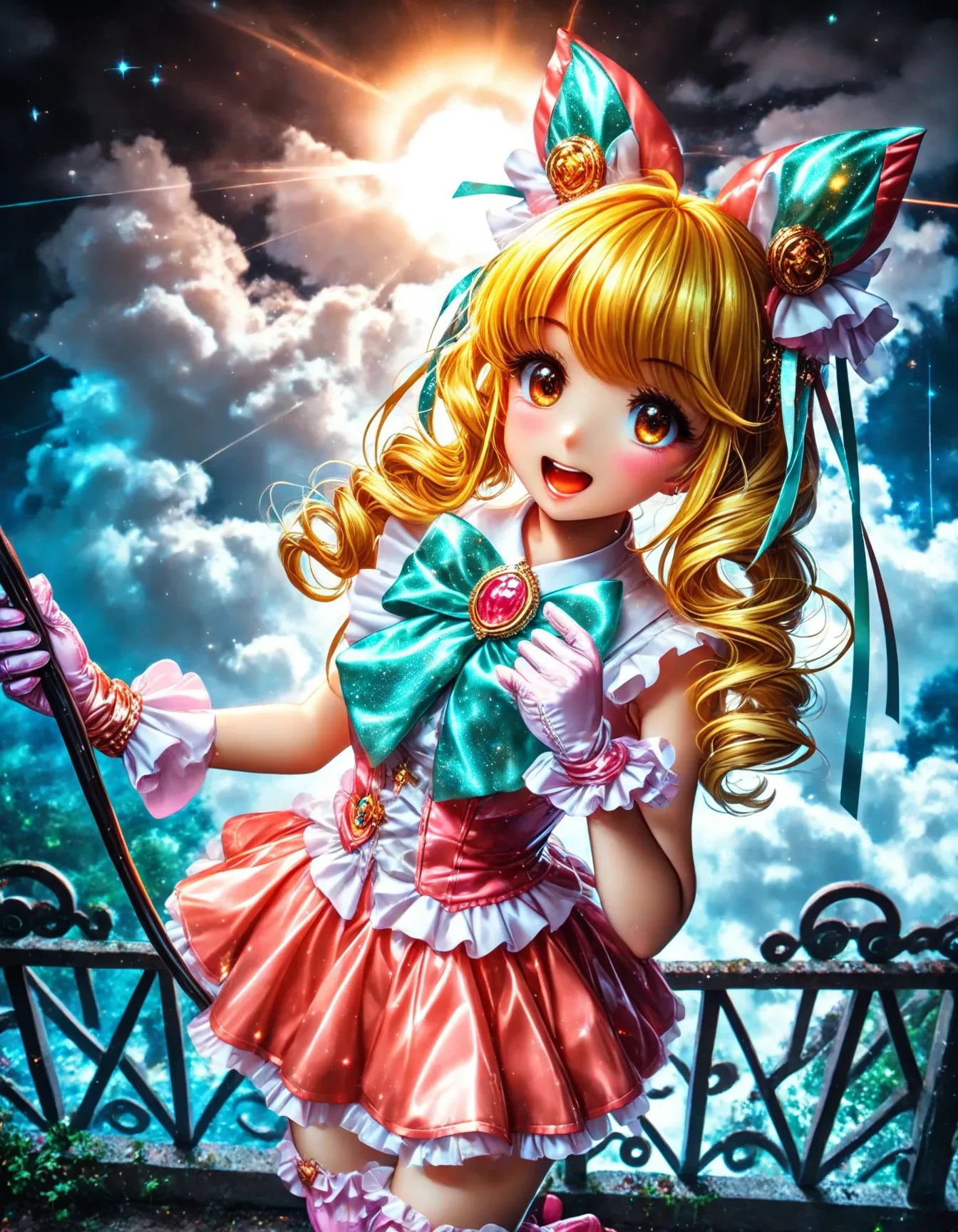 score_9,score_8_up,score_7_up,photo background,source_anime, masterpiece, pri dream cure awesome top artist illustration, cowboy shot from above, heroine pose, henshin heroine sequence, transformation a nude girl to a magical girl, shiny yumekawa frilled dress body conscious, latex glove and latex thighhighs, kawaii smile, open mouth, very short showgirl skirt feminine beauty, Beautiful and cool female character with a strong expression. Dynamic lines and vibrant colors. atmospheric lighting, sanctuary ruins in cloudy sky, high-resolution, detailed textures, vivid colors, atmospheric lighting subtle ambient glow, global illumination, perfect anatomy, perfect female proportion, <lora:spo_sdxl_10ep_4k-data_lora_webui:1>, <lora:sdxl2-flat2-512b:-1>, <lora:spo_sdxl_10ep_4k-data_lora_webui:1>,