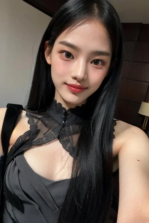 1girl,(masterpiece:1.2), (best quality:1.2), (extremely detailed), (selfie from center front), (extremely detailed face), (((ultra-detailed eyes and pupils))), (ultra detailed), 8k, photorealistic, pretty face, (((smile))), instagram shot, instagram style, in the bedroom, looking at viewer, facing front, perfect skin, cinematic lighting, fair skin, black hair, black eyes, upper body, portrait photo, slim, slender, no makeup, nikon RAW photo, 8k ,Fujifilm XT3, photorealistic, armpits, detailed face, fair skin, perfect shape, slim face, indoors, dim lighting, (((black Silk Dress))), (looking at viewer:1.2), <lora:minjilorashy:1>