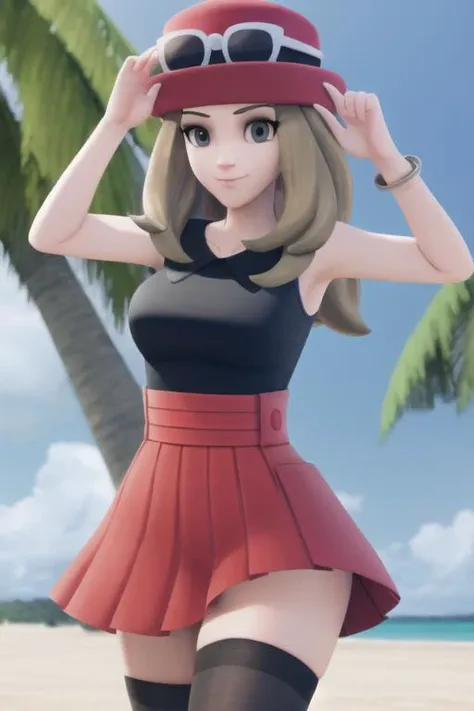 masterpiece, best quality, 1girl, absurdres, sunny,
character_pokemon_serena, red hat, eyewear on headwear, sleeveless shirt, red high-waist skirt, black thighhighs, grey eyes, mega ring, <lora:Serena:0.5>, beach, happy, sexy face, sexy pose,
overwatch 3d porn style, <lora:style-overwatch3dpornV1:1.4>, blender, stylized 3d render, clean eyes, 3d