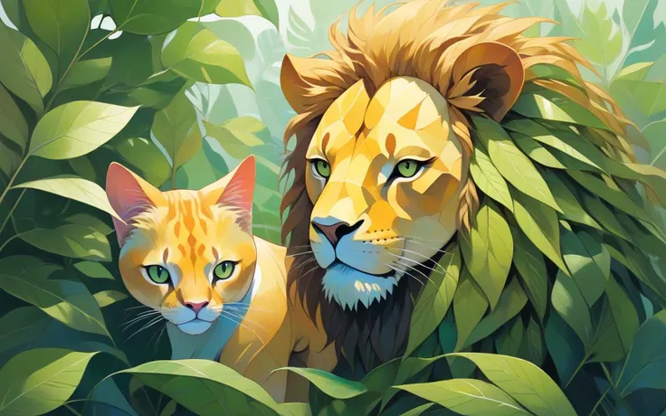 (expressionist abstract artwork of a cat and a lion (made from leaves), intricate plant leaves, natural:1.85), hdr, highly detailed masterpiece, shades of green, rule of thirds, golden ratio, fine brush strokes, paint structure