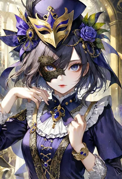 {(closeup of madam, {(pompously dressed}}, {{wearing fascinator hat and masquerade mask}}, posing for the viewer, masquerade background, {(secret society themed:1.5))}, ({watercolored styled} masterpiece:1.5), (best quality:1.5), ((UHD:1.5)), (detailed face, detailed eyes, detailed mouth, detailed body, detailed hands, detailed clothes, detailed background, detailed scenery:1.5), (aesthetic + beautiful + harmonic:1.5), ({symmetrical intricate occultism details + sharpen symmetrical occultism details}:1.5)