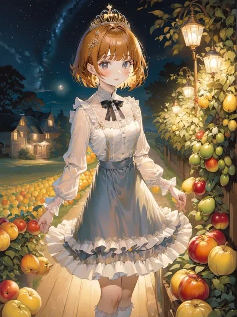 1girl, butterscotch hair, short hair, hair rings hair, bangs, formal tiara loafers, victorian fruit farm nighttime,
