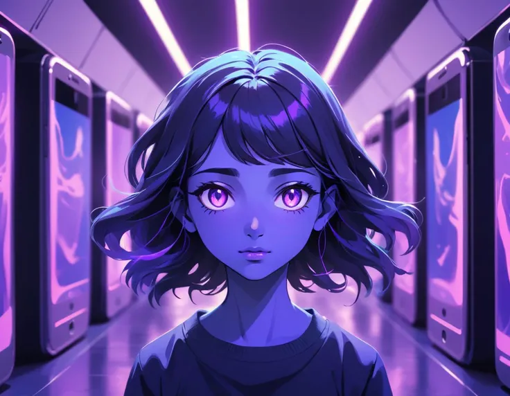 Tranquil Boundless Smartphones, with a face, inside a Egypt, Motion blur, Navy Blue and electric purple neon hue