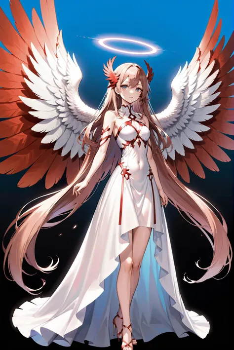 Long reddish hair wraps around the body，White feathered off-the-shoulder dress，Two pairs of white feathered wings grow on the back，Crimson eyes。White knee-length socks，Red sky，Contemptuous eyes