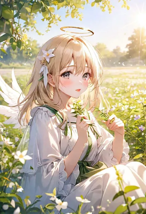 8K, 1girl, lovely angel, flaxen hair, cherry-lipped beauty, sit on the flowering alfalfa, Singing With the lark, in the early morning , in the clear summer sun, depth of field