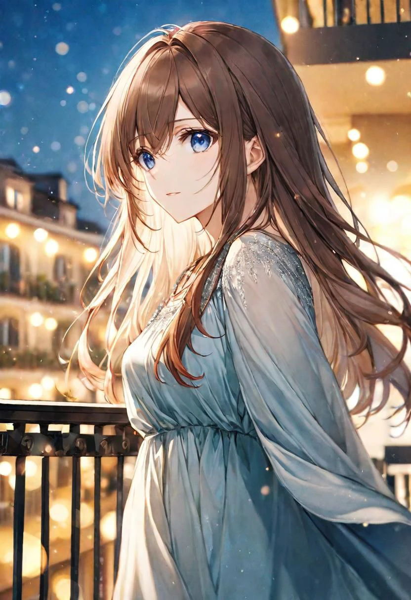 white feathery, silky long dress ), adult female, brilliant blue eyes, long brown soft hair ,makeup, BREAK, cool colours, BREAK, balcony, staring up at the sky BREAK, absurdres, masterpiece, BREAK, 3/4 angle <lora:Festive_Bokeh_Anime:0.5>