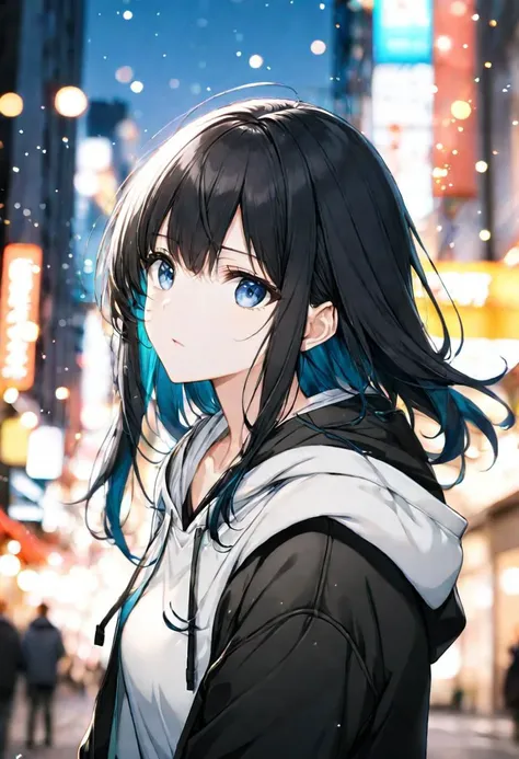 black and white hoodie), adult female, blue eyes, long black hair, bangs, innocent, BREAK, cool colours, , BREAK, wallpaper, city, BREAK, absurdres, masterpiece, BREAK, <lora:Festive_Bokeh_Anime:0.5>