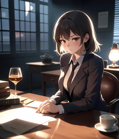 (cinematic anime masterpiece:1.2), (volumetric subsurface scattering:1.2), (photorealistic caustics:1.2), hard shadows,
nothing is adding up for a female detective in a dim film noire private office, light filters through dusty air, whiskey glass