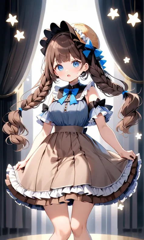 masterpiece, high quality, 8k, beautiful lighting, 1girl, solo, <lora:anime_sdxl_v1:0.75> ordee>, absurdres, ahoge, bangs, black bow, blue eyes, blush stickers, bow, braid, breasts, brown hair, closed mouth, commentary request, dress, frilled dress, frills, full body, grey footwear, grey skirt, hair bow, hand up, hat, head