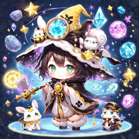 walking cute fluffy chibi kitten wizard hat, holding a zappy magic sugar staff, happy, magic circle, very cute eyes, sparkling eyes, highly detailed, side view, full body, niohxlguardiansprt, bunny girl, cow fur, magical kitten robe of secrets, bumblebee friends, fairy whiskers, crystal rocks, magic book, ng_deepnegative_v1_75t, ChristmasQuiron style