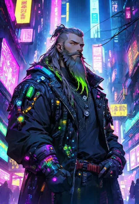 Cyberpunk viking, man with long beard in cyberpunk city, neon lights