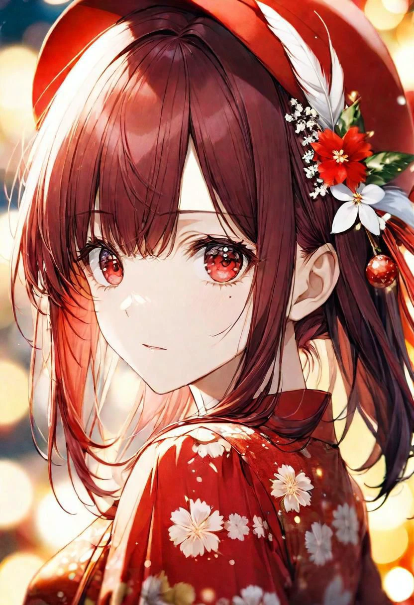 flowery pattern, red japanese summer dress, red hat with white feather), adult female, narrow red eyes, dark red hair, straight bangs, styled, BREAK, cool colours, gentle, close up, BREAK,, BREAK, absurdres, masterpiece, BREAK, <lora:Festive_Bokeh_Anime:0.5>