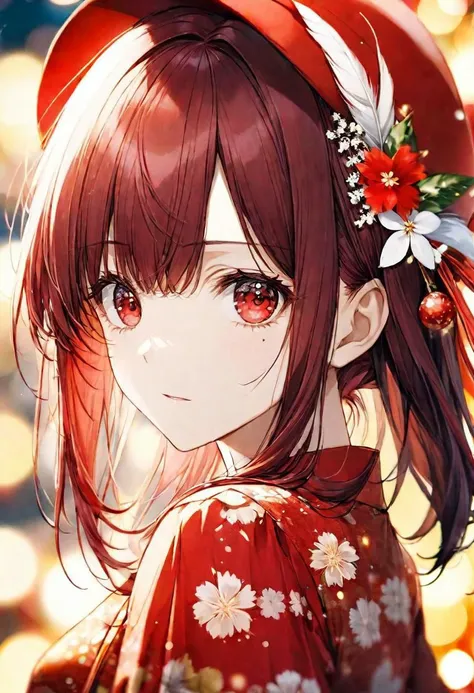 flowery pattern, red japanese summer dress, red hat with white feather), adult female, narrow red eyes, dark red hair, straight bangs, styled, BREAK, cool colours, gentle, close up,  BREAK,,  BREAK, absurdres, masterpiece, BREAK, <lora:Festive_Bokeh_Anime:0.5>