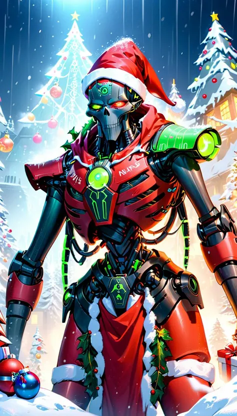 AI Overlord Santa, necrons, vivid, extremely beautiful multicolored glowing piercing eyes, cinematic scene, Christmas, snowing, scenery, detailed background, masterpiece, best quality, high quality, absurdres <lora:xl_more_art-full_v1:1> <lora:necrons_xl_v1:1>