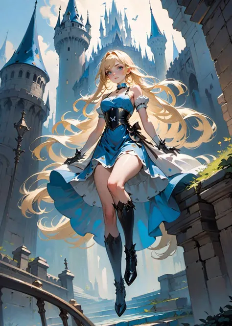 Masterpiece, Best Quality, ((Black Garter Belt)), Blue Bow, (((Blue Dress)), (cleavage)), (( Big Beautiful Breasts)), ( Armoured Dress), Shoulder Armor, Gauntlets, Armor Legwear, Combat Stance, Blonde Long Hair, Blue Sky, White Clouds, Late Night Crowd, Stereoscopic Lighting, Photorealistic, Daytime, Autumn, Clear, Sharp Focus, Ultra High Definition, 4 0 0 0 0k, (( In the hustle and bustle of New York)), (Leaving the whole body to take a bird's-eye view)), In a crowd of people, (((Dynamic movement)))), (Heavy rain)), ((Blue bra visible)), holding a longsword, ((Full body shot photo)), (Lights shining overhead), Anime, (Sexy)))), ((Big eyes)), Delicately written landscape, (Jump wide)))), ((( Jumping to another tower))), (perplexed), ((looking here)), ((flashy neon signs illuminate the surroundings)), suspicious people going, dirty alleys, ((((Precisely written beautiful face)))), detailed description, masterpiece, top quality, (masterpiece: 1.3) , (whole body: 1.4), 4k, detailed eyes, ((large eyes of rich color), double eyelids, long lashes, beautiful face, embarrassed,