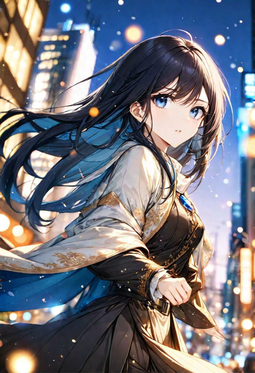 (elegant noble clothes ) white and blue, adult female, big blue eyes, long black hair, BREAK, cool colours , BREAK, wallpaper, city, BREAK, absurdres, masterpiece, BREAK, <lora:Festive_Bokeh_Anime:0.5>