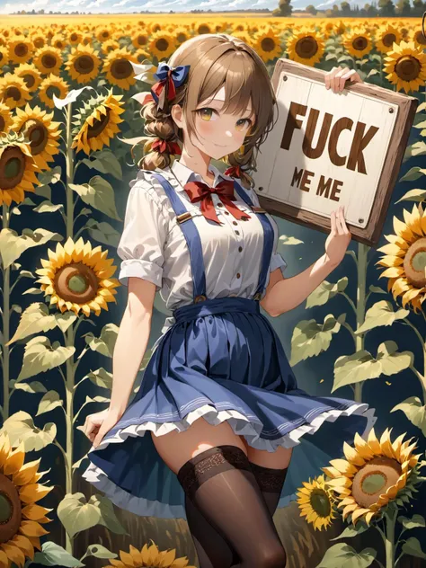 wooden plaque in hands with label "fuck me", a field of sunflowers, beautiful pioneer girl, sexy, stockings, skirt, (furry:1.3), <lora:clearHandExtract:1.0>