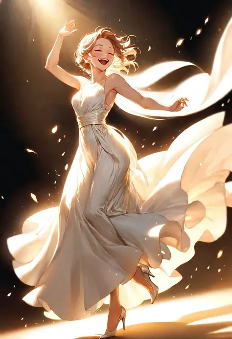 Create an image of a joyful person with an elegant stance, capturing a moment of pure delight. The individual should be wearing a flowing white dress that billows around them, suggestive of a strong, uplifting breeze. This attire should be classic and timeless, evoking a sense of grace and spontaneity. The lighting should be bright and vibrant, highlighting the dynamic movement of the fabric and the subject's exuberant expression. The setting is an outdoor urban scene, with a suggestion of a bustling city life in the background, yet the focus remains on the individual's charismatic presence.