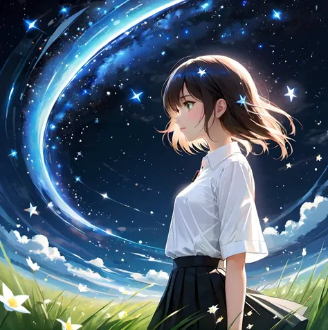 1 girl, craft,  starry sky. sci-fi. grass land. petals. 
white shirt, skirt, wind. 
ultra detailed, best quality.