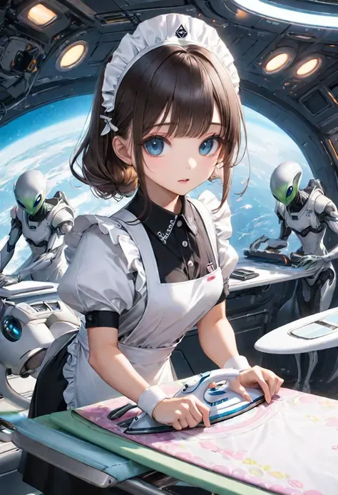 {(cute maid {ironing the clothes on the ironing board inside an alien spaceship:1.5)}, {(best quality detailed masterpiece:1.5)}, (UHD:1.5), (detailed face, detailed eyes, detailed mouth, detailed body, detailed hands, detailed clothes, detailed background, detailed scenery:1.5), {aesthetic + beautiful + harmonic}, {(symmetrical intricate details + sharpen symmetrical details)}