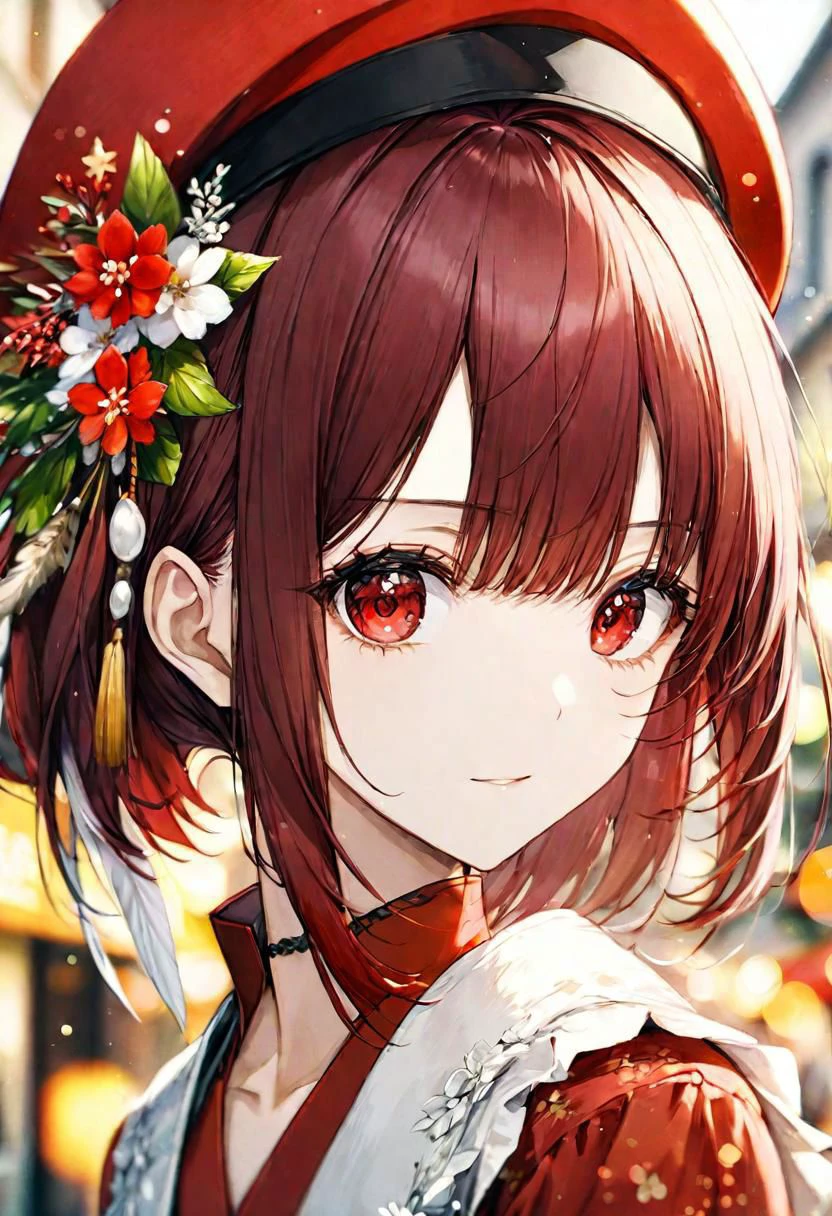 flowery red japanese summer style dress, red hat with white feather), adult female, narrow red eyes, dark red hair, straight bangs, styled, BREAK, cool colours, gentle, close up, BREAK, old city, BREAK, absurdres, masterpiece, BREAK, <lora:Festive_Bokeh_Anime:0.5>